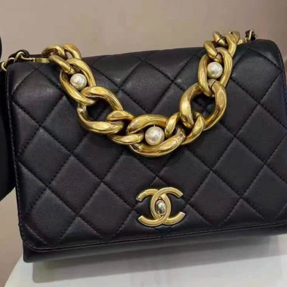 Chanel CC Quilted Lambskin Triple Pearl Chain Flap satchel medium size